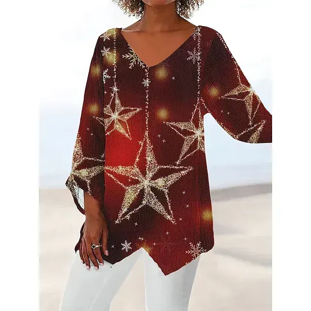 Women's Shirt Blouse Tunic White Red Blue Graphic Floral Asymmetric Print Long Sleeve
