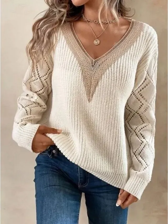 Women's Pullover Sweater Jumper Elegant Solid Color Ribbed V Neck Lace Long Sleeve Regular Tops Knit Daily Black White Spring Fall