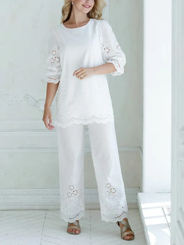 Round Neck Long Sleeve Hollow Top Trousers Suit