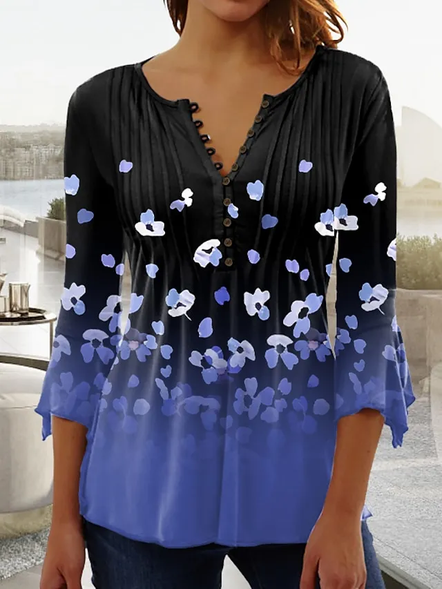 Women's Plus Size Shirt T shirt Tee Blouse Graphic Polka Dot Flower Denim Blue Grass Green Black Button Print Long Sleeve Casual Weekend Basic Round Neck Regular Fit Spring Fall