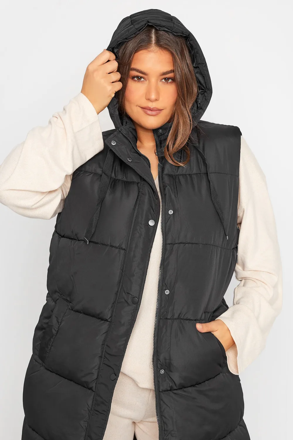 LTS Tall Black Longline Hooded Puffer Gilet