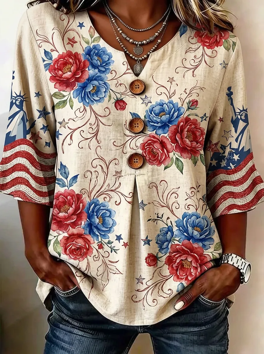 Women's Nashville USA Flag Statue of Liberty Floral Printed V-Neck Top