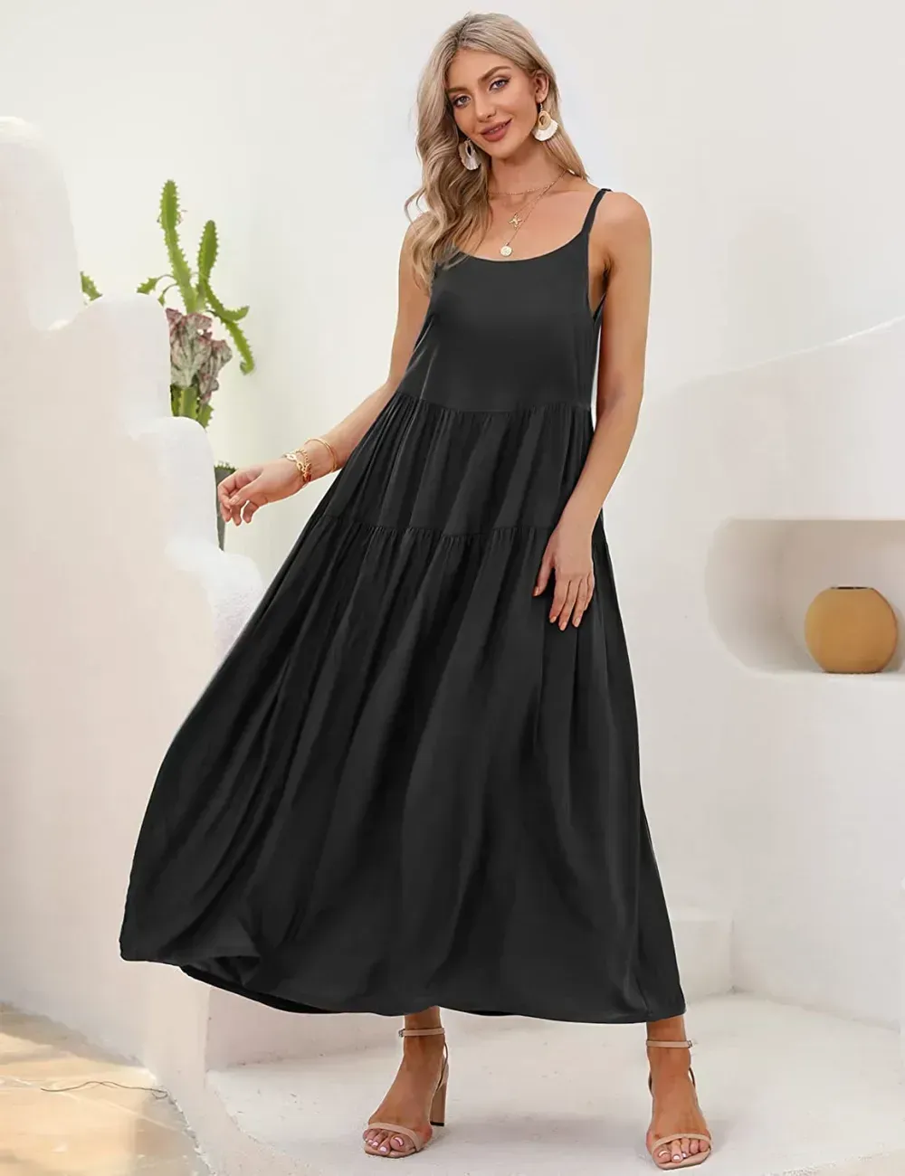 Summer Dresses for Women Casual Loose Bohemian Floral Dress with Pockets Spaghetti Strap Maxi Dress E75