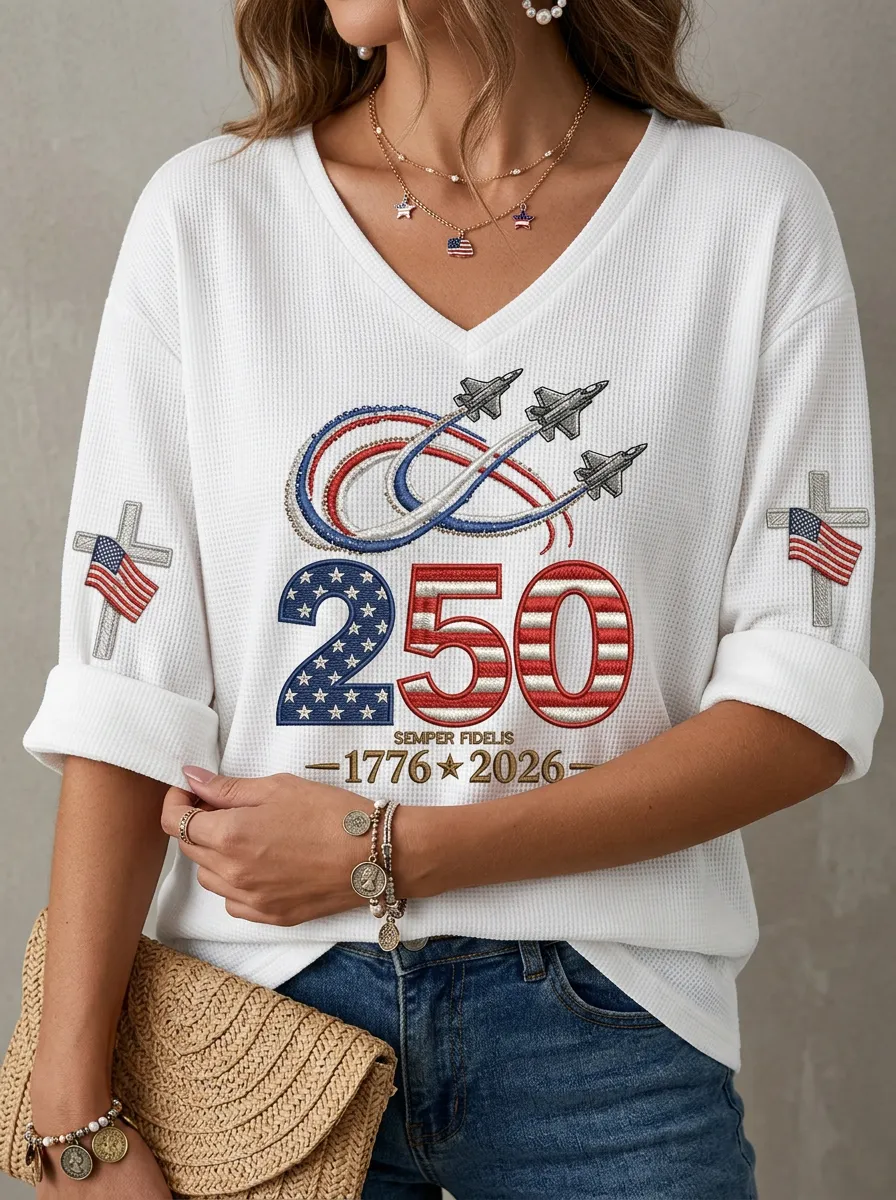 Women's USA 250th Anniversary Jet Fighter Cross Printed Waffle Top