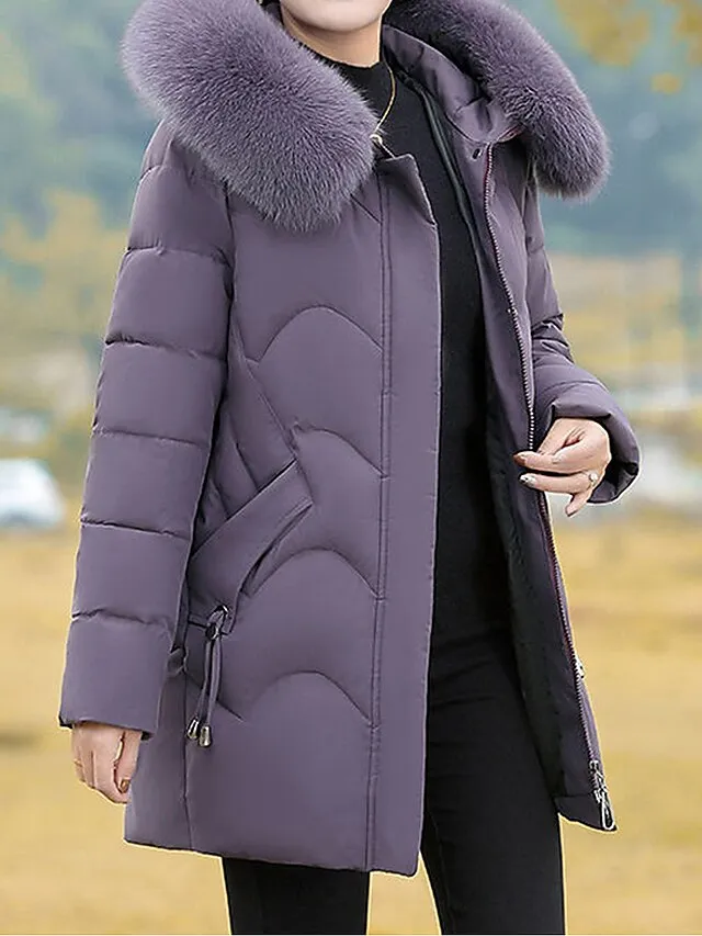 Women's Parka Warm Breathable Outdoor Street Daily Wear Going out Zipper Pocket Fur Collar Zipper Hoodie Fashion Modern Casual Street Style Solid Color Regular Fit Outerwear Long Sleeve Fall Winter