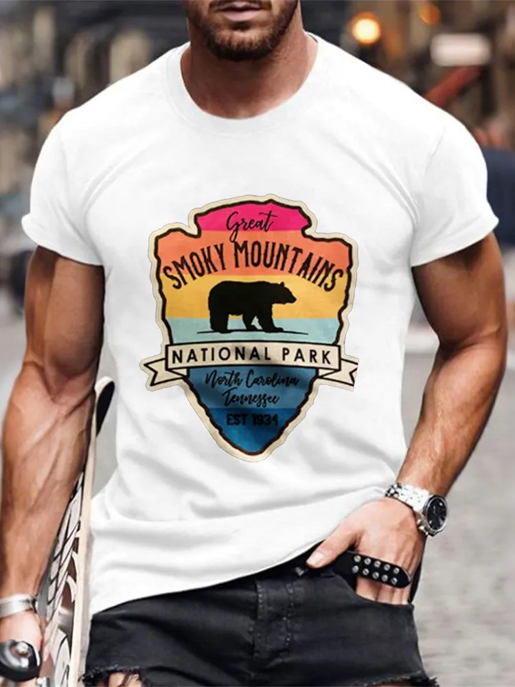 Men'S Round-Neck Short-Sleeved T-Shirt With Great Smoky Mountains National Parks Prints