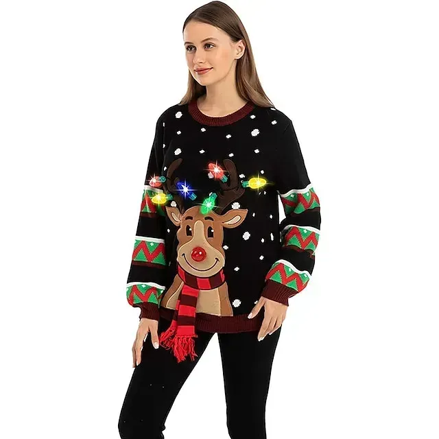 Womens LED Light Up Reindeer Ugly Christmas Sweater