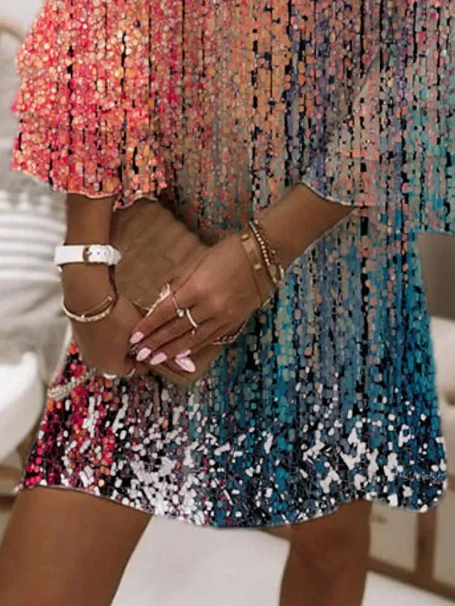 Women's A Line Dress Short Mini Dress Rainbow 3/4 Length Sleeve Print Color Block Ruched Print Spring Summer V Neck Elegant Modern 2023 3XL