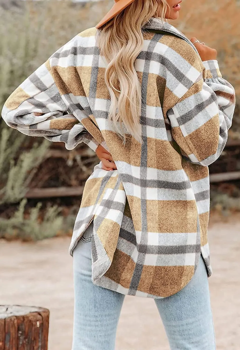 Women's Flannel Plaid Shacket Long Sleeve Button Down Chest Pocketed Shirts Jacket Coats