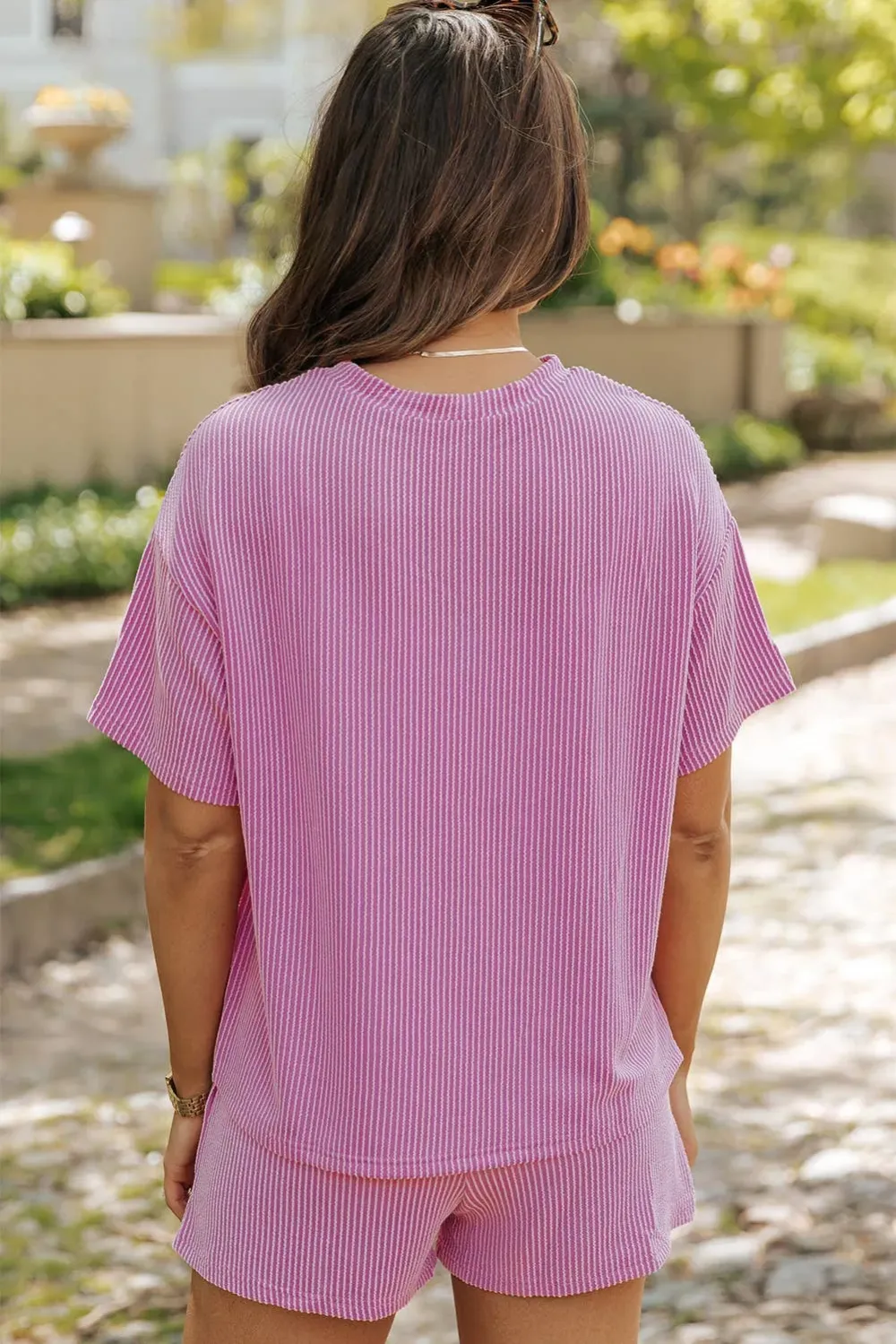 Women'S Crew Neck Ribbed Textured Shorts Set