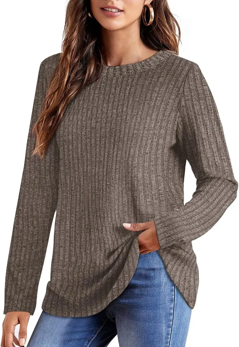 OFEEFAN Long Sleeve Shirts for Women Lightweight Crew Neck Casual Tunic Tops