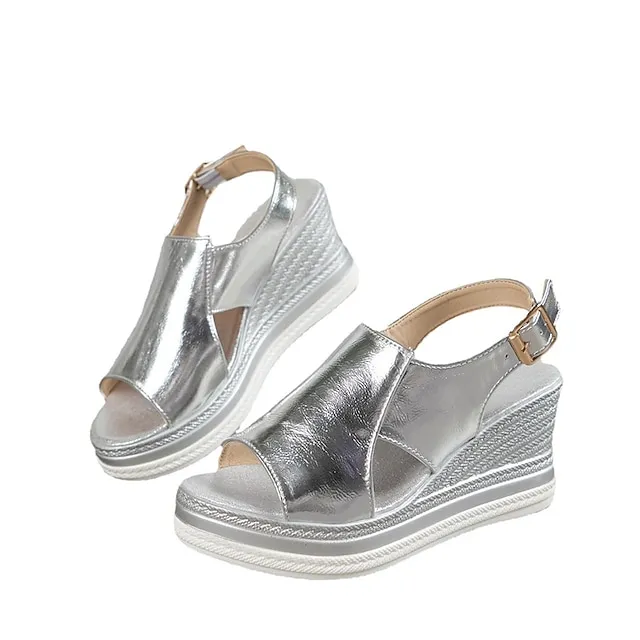 Women's Sandals Wedge Sandals Platform Sandals Ankle Strap Sandals Wedding Outdoor Summer Wedge Heel Fashion Elegant Minimalism PU Buckle Solid Color Silver Gold