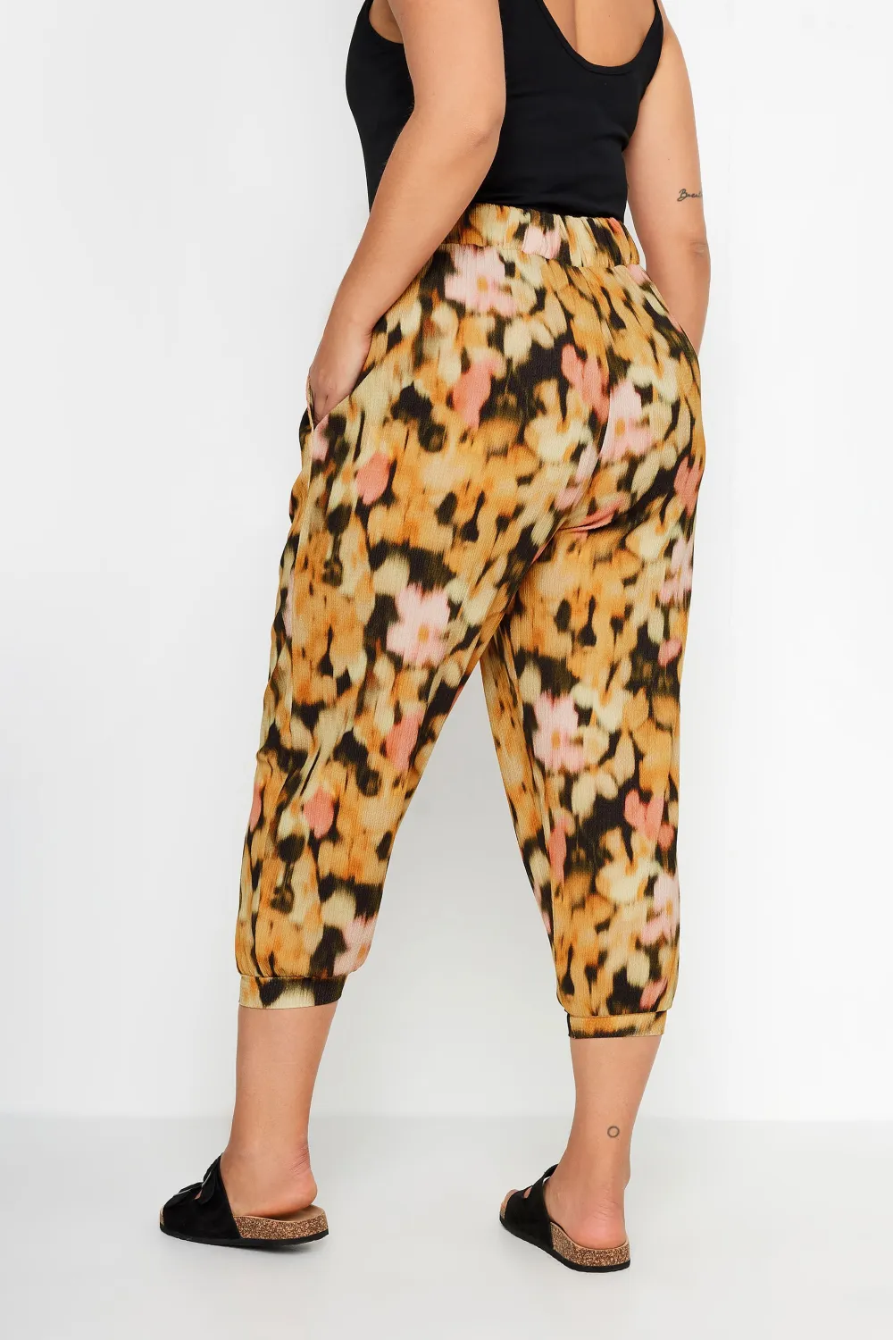 YOURS Curve Yellow Ikat Print Textured Cropped Harem Trousers