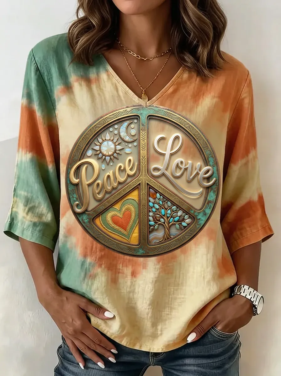 Women's Nashville Peace Love Tree Printed V-neck T-shirt