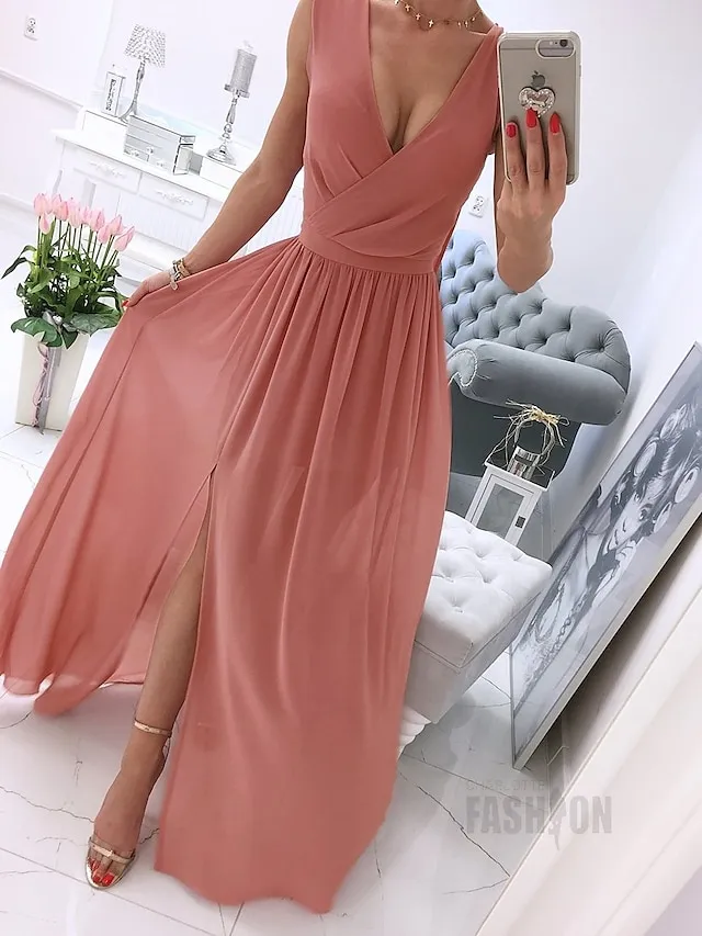 Women's Party Dress Holiday Dress Swing Dress Long Dress Maxi Dress Leather Pink White Light Green Sleeveless Pure Color Split Spring Summer V Neck Vacation Party Wedding Guest Date 2023 S M L XL 2XL