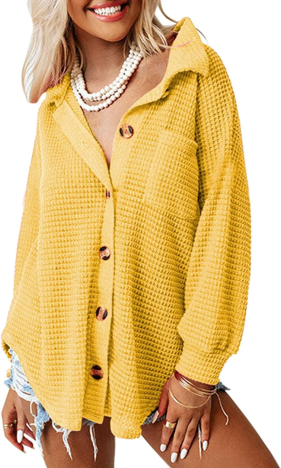 Womens Waffle Knit Button Down Shirts Casual Long Sleeve Shacket Jacket Boyfriend Tops Blouses Loose Fit