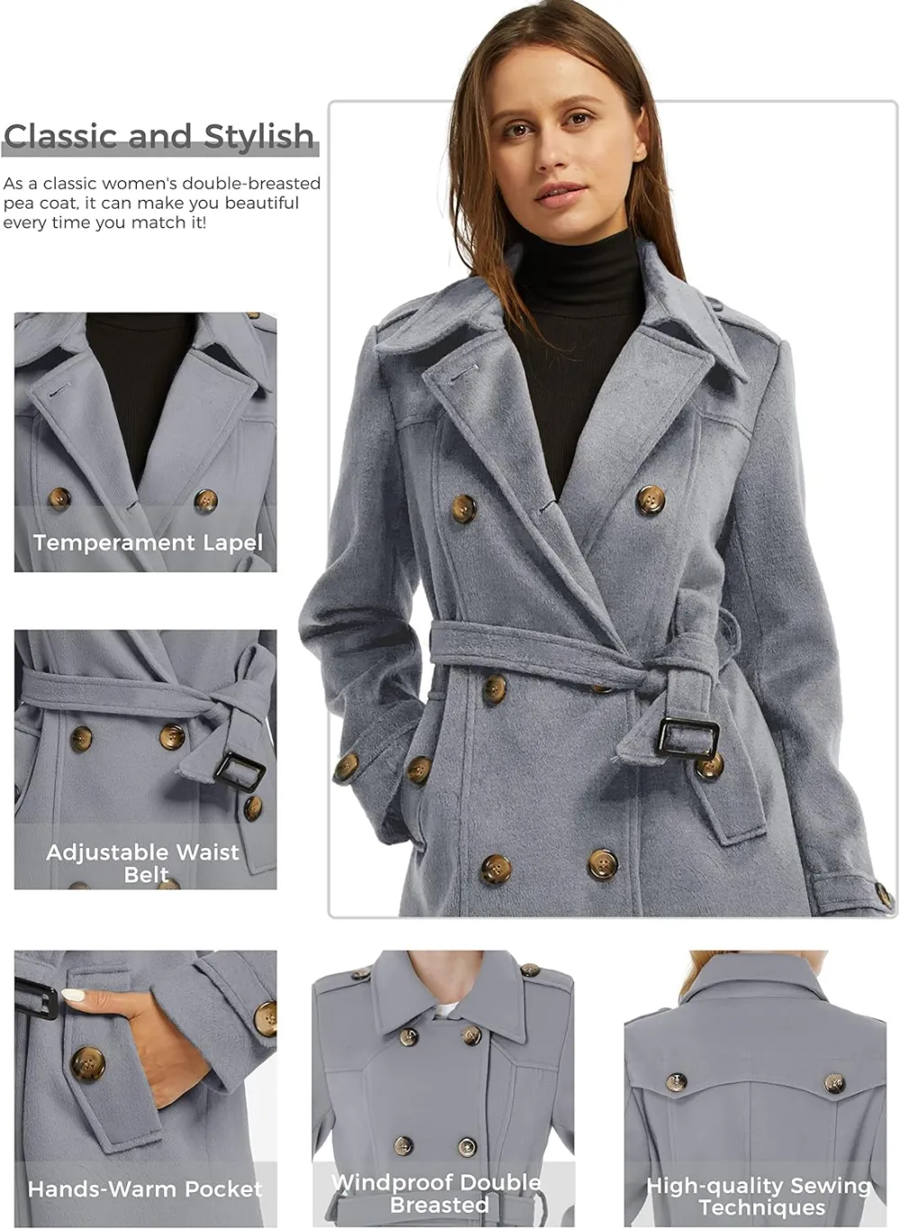 Women's Double Breasted Pea Coat Winter Mid-Long Trench Coat with Belt