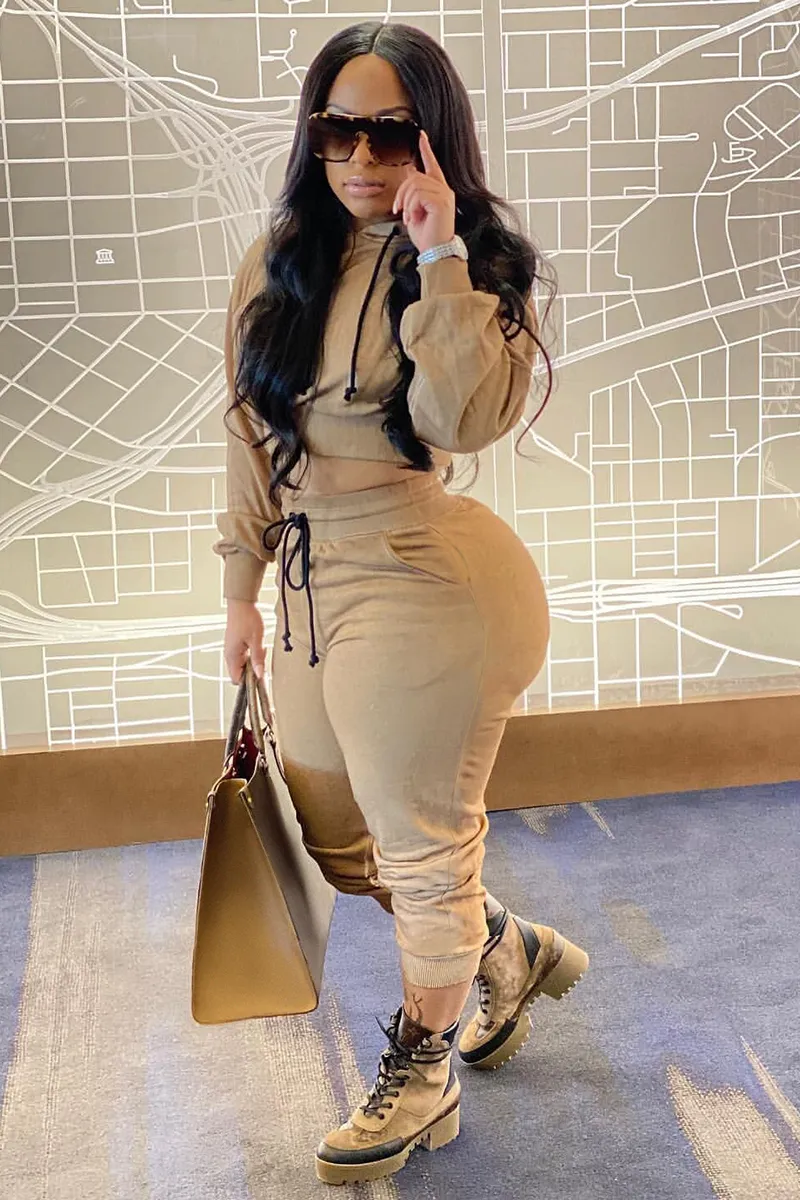 Solid Color Crop Hoodie Drawstring Jogger Pants Matching Set-Beige