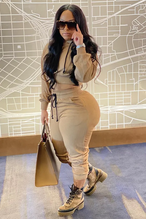 Solid Color Crop Hoodie Drawstring Jogger Pants Matching Set-Beige