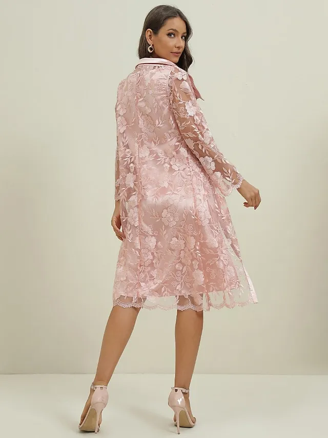 Women's Dress Set Wedding Guest Dress Two Piece Dress Midi Dress Khaki 3/4 Length Sleeve Floral Lace Summer Spring V Neck Elegant Party Wedding Guest 2023 S M L XL 2XL 3XL