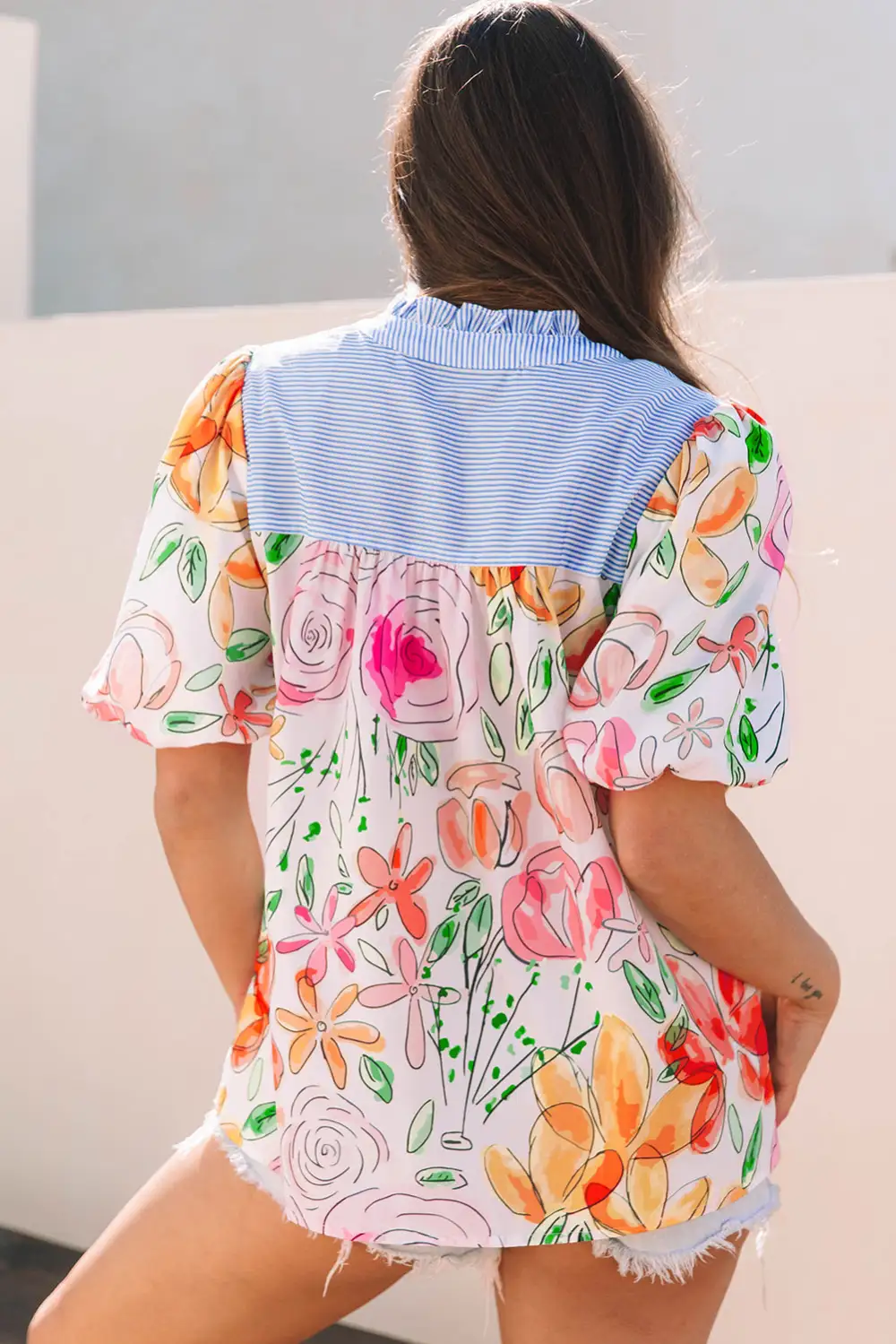 Striped Floral Frilled Blouse