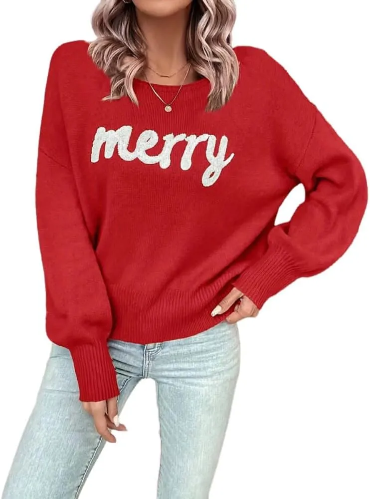 Merry Christmas Sweater for Women, Furry Pattern Xmas Sweatshirt Loose Pullover Tops Knit O Neck Long Sleeves