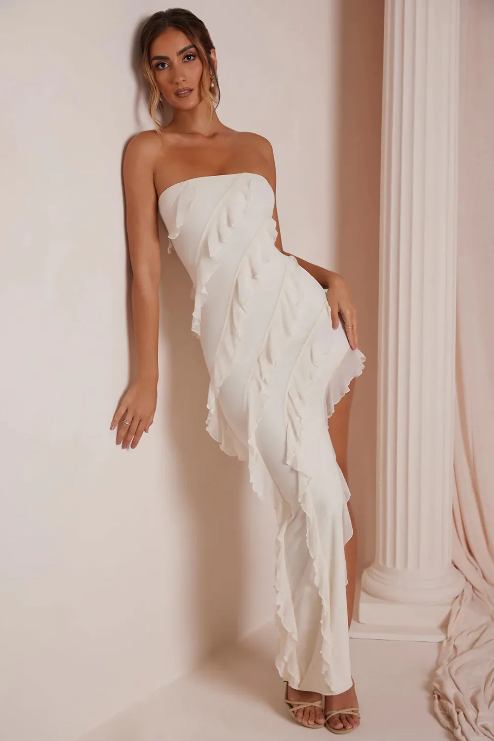 Bandeau Ruffle Detail Maxi Dress in Brown