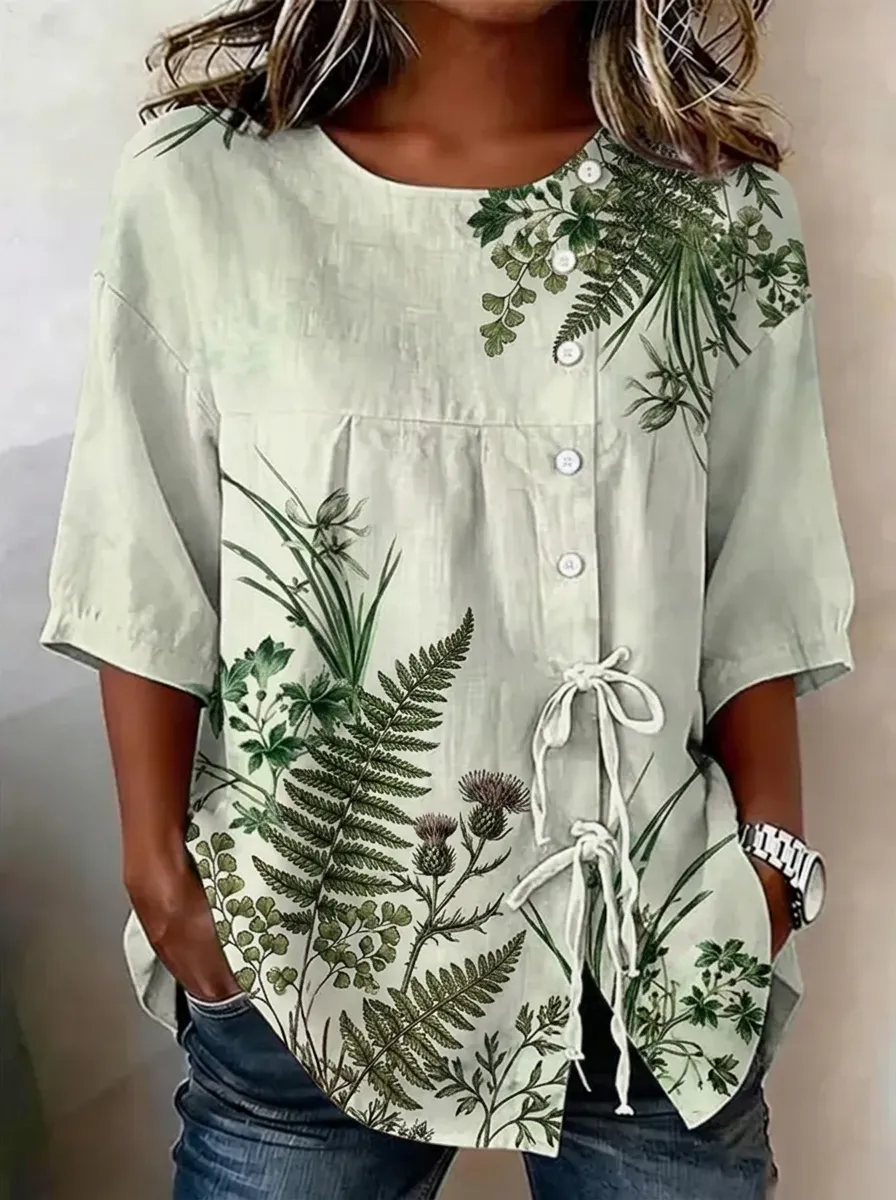 Women's Nashville Botanical Fern Thistle Printed Linen Top
