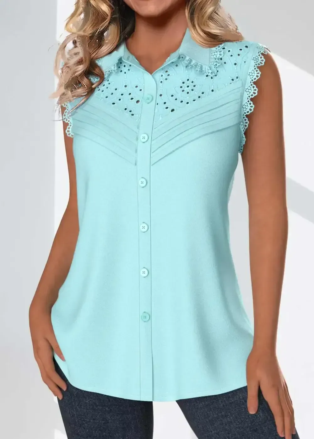 Light Blue Tuck Stitch Sleeveless Shirt Collar Tank Top