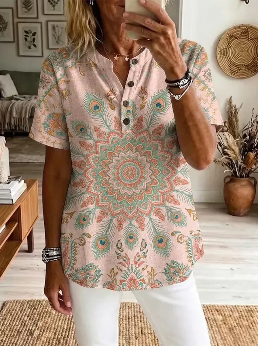 Women's Nashville Boho Peacock Mandala Printed Henley Shirt