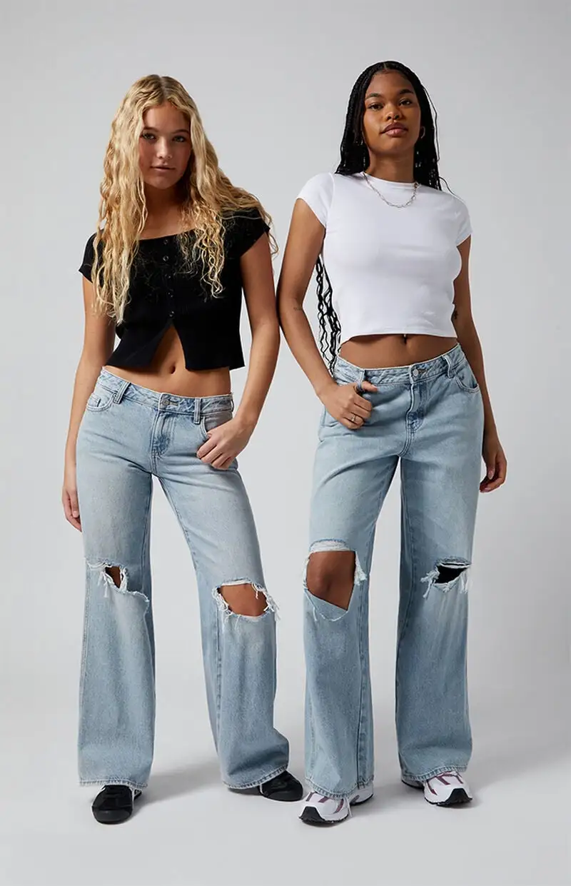 PacSun Casey Ripped Knee Low Rise Baggy Jeans Light Indigo