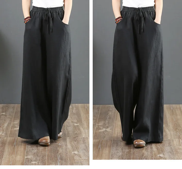 Pure Color Cotton and Linen Wide Leg Pants-Black