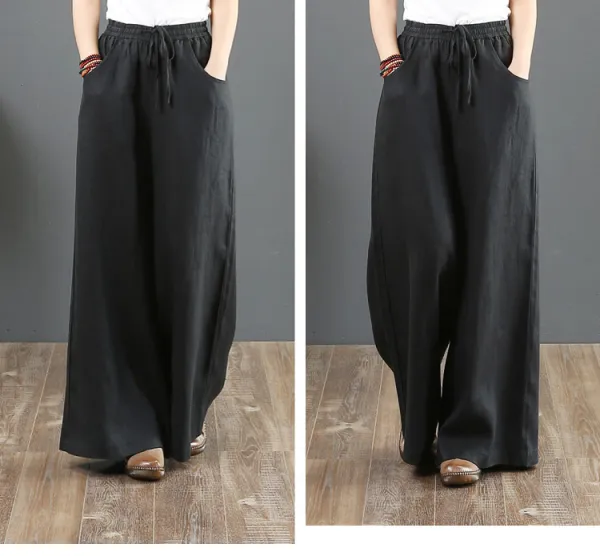 Pure Color Cotton and Linen Wide Leg Pants-Black