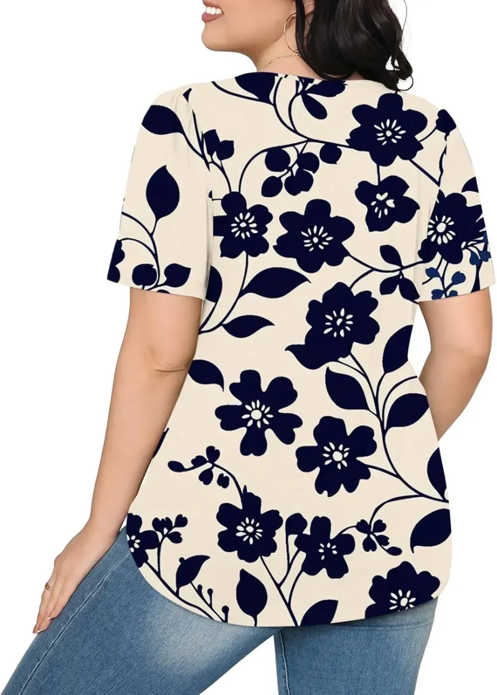 Womens Summer Pleated Front Shirts Tunics Casual Short Sleeved Loose Round Neck Boho Printed Tops Vacation Blouse