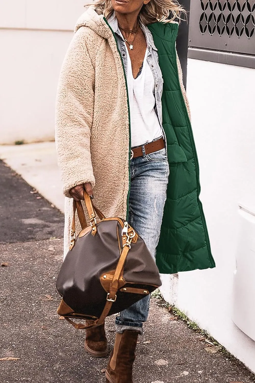 Women's 2023 Warm Winter Coats Reversible Sherpa Fleece Long Hooded Puffer Jackets Outerwear