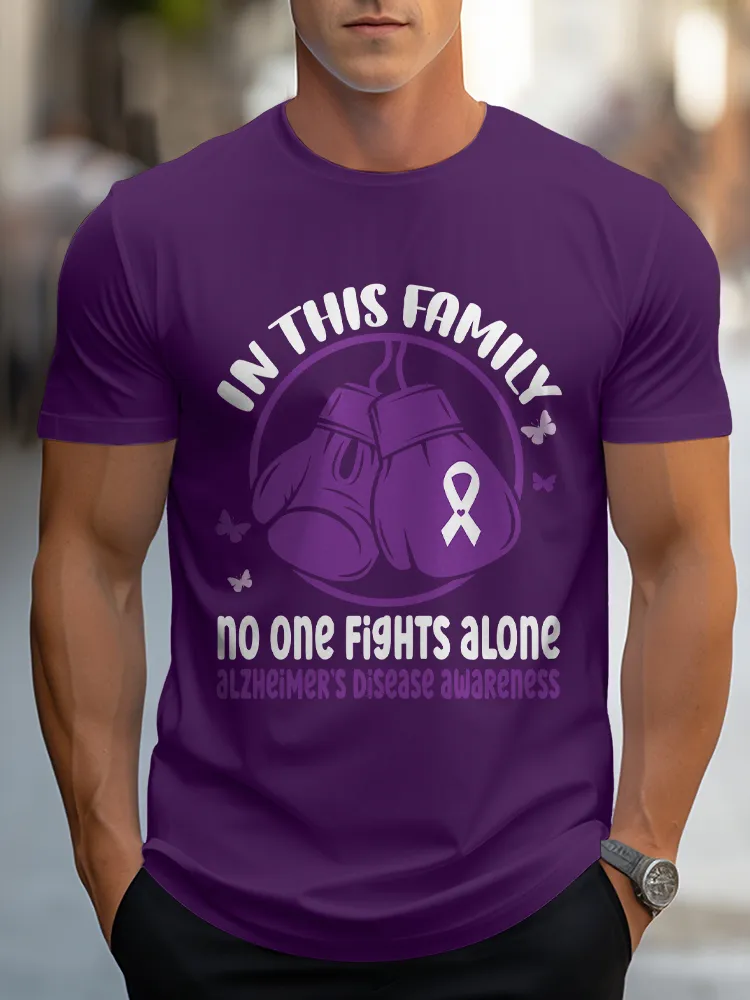 Men'S Round-Neck Short-Sleeved T-Shirt In This Family No One Fights Alone Alzheimer'S Disease Awareness Prints