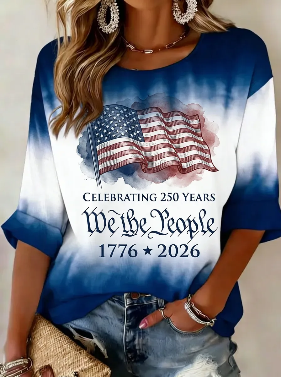 Women's USA Patriotic 250 Years We The People Flag Printed T-shirt