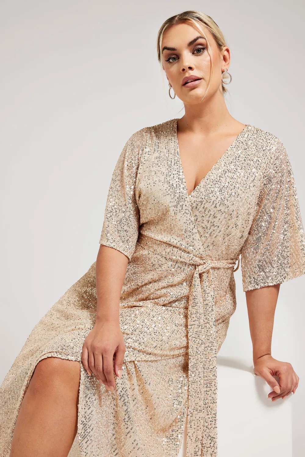 YOURS LONDON Curve Champagne Gold Sequin Wrap Dress