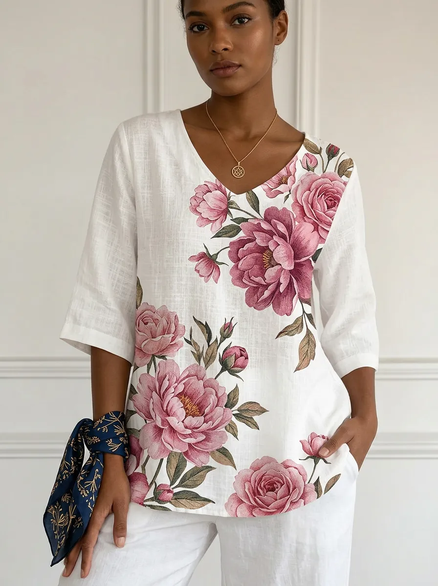 Women's Nashville Floral Peony Printed V-neck Top