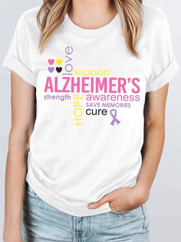 Women'S Love Support Alzheimer'S Strength Hope Awareness Save Memories Cure Round-Neck Short-Sleeved T-Shirt