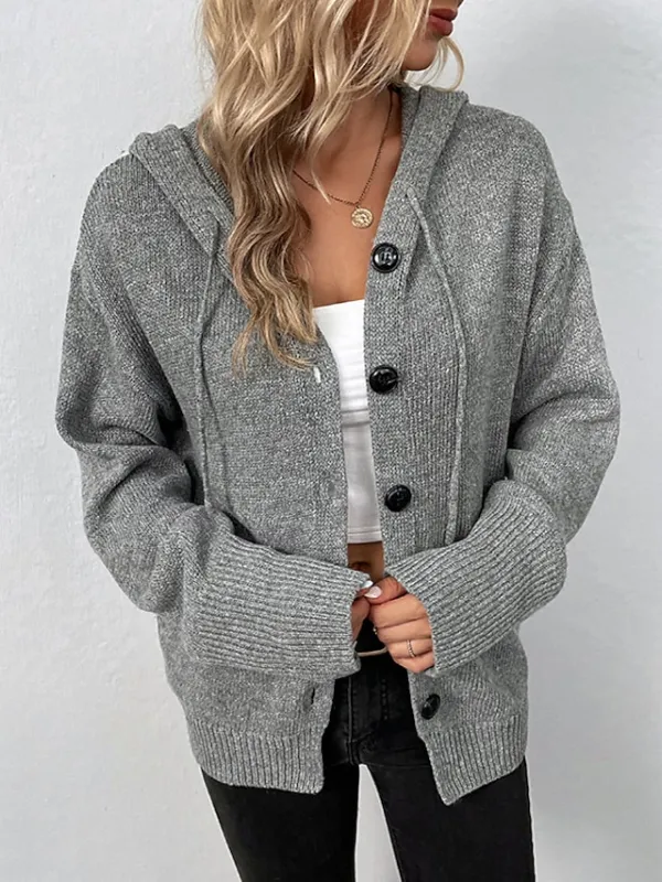 Women's Cardigan Sweater Hooded Crochet Knit Polyester Button Knitted Hooded Fall Winter Tunic Daily Holiday Date Stylish Casual Soft Long Sleeve Solid Color Black White Gray S M L