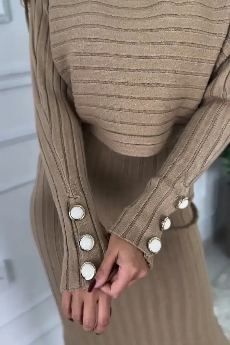 Women's Round Neck Long Sleeve Knitted Sweater Casual Suit Dress