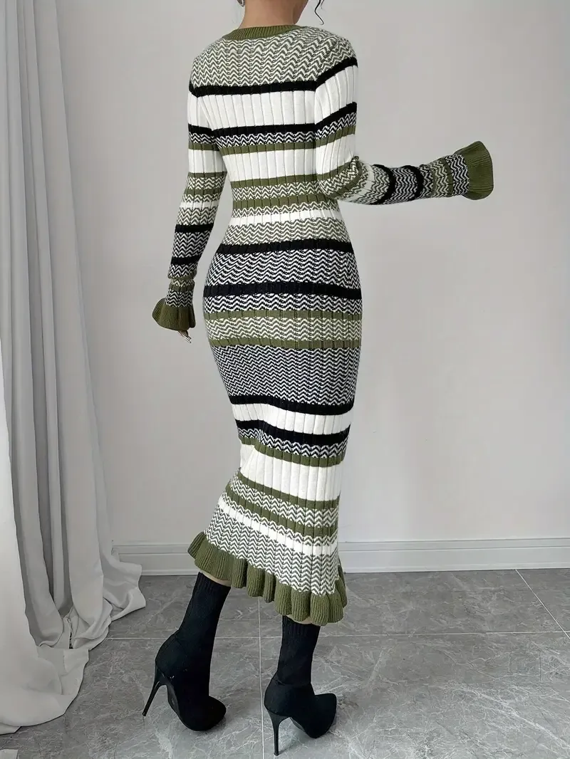 Women's Color Block Striped Knit Long Dress