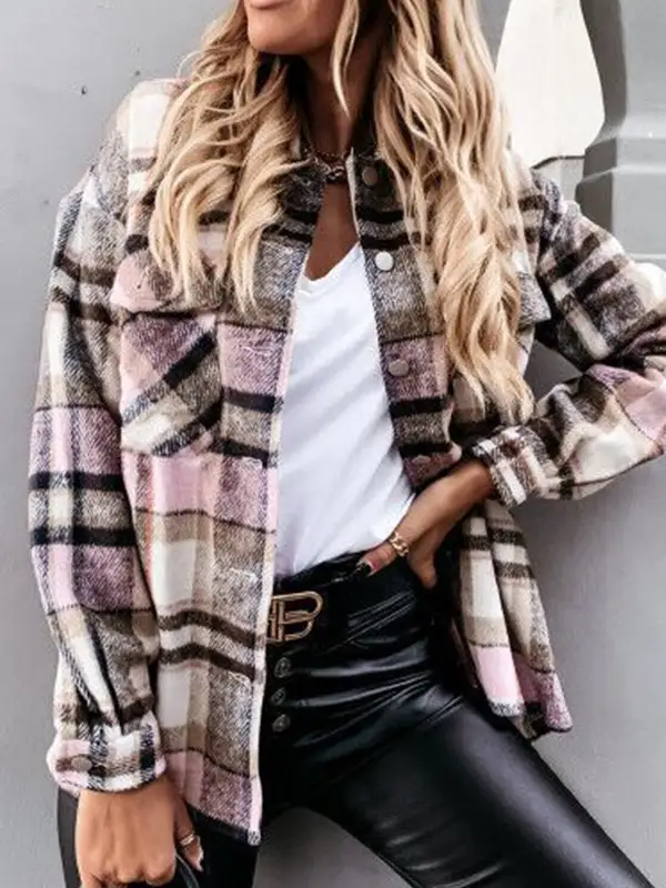 Long Sleeve Plaid Print Casual Jacket