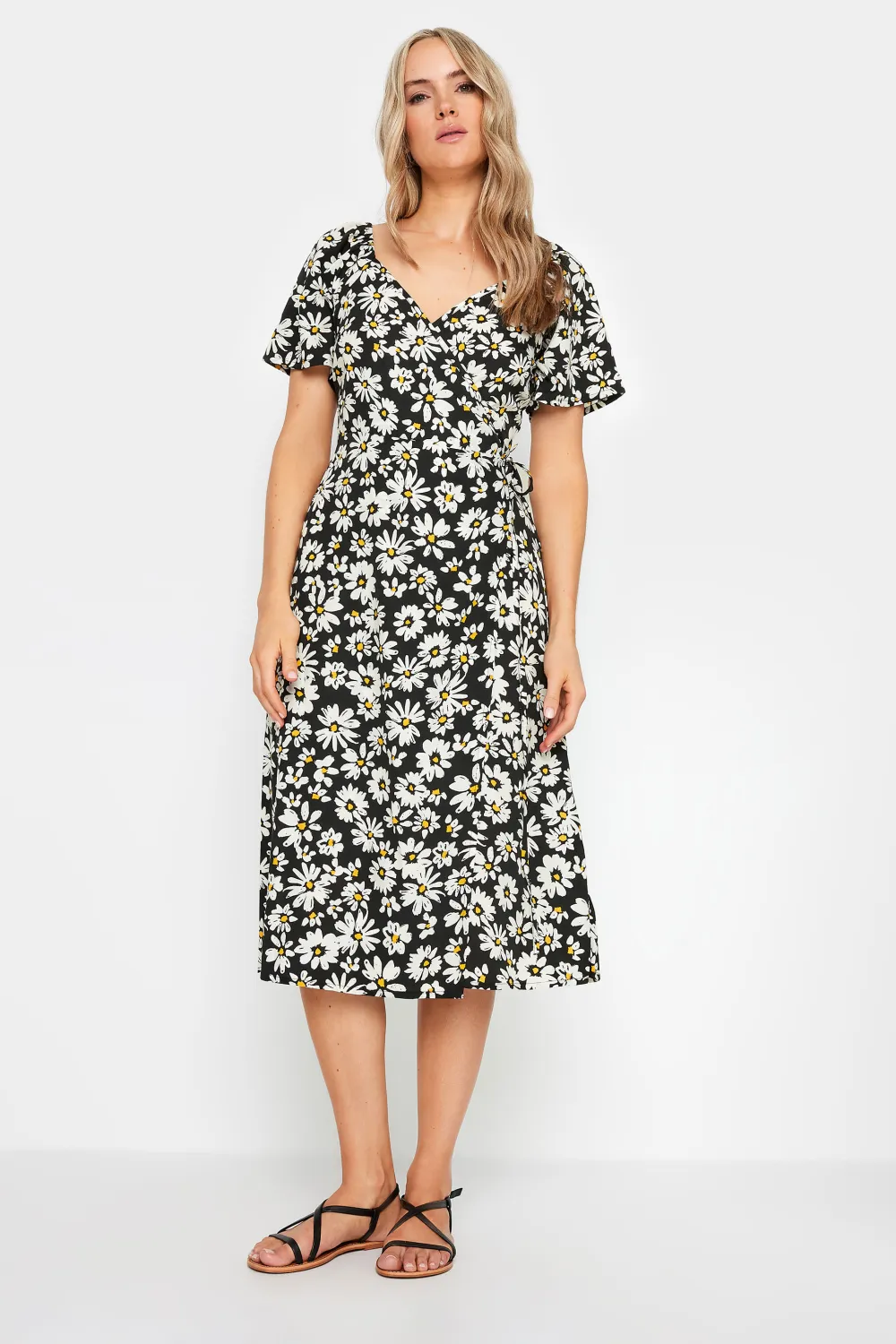 LTS Tall Black Daisy Print Wrap Dress