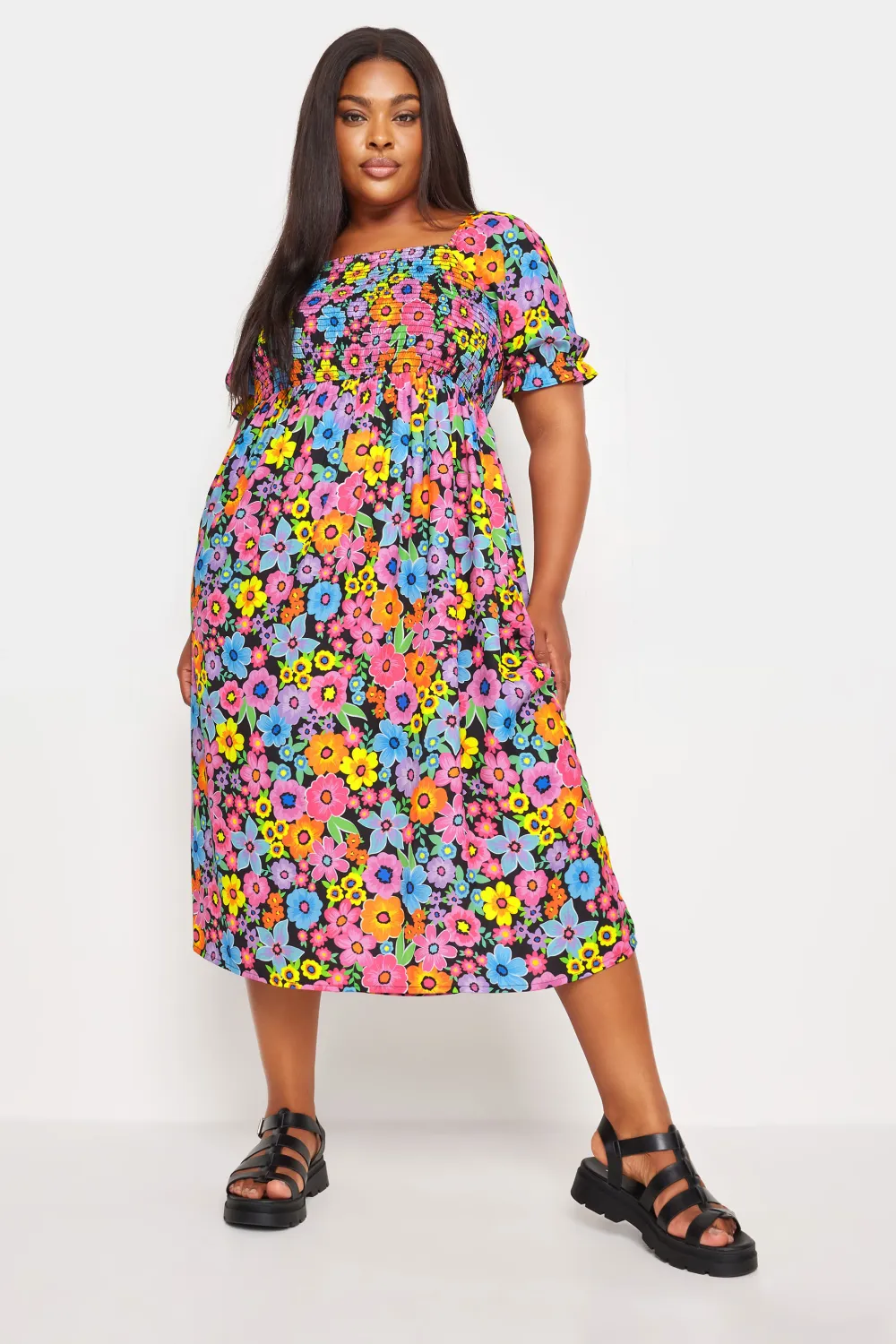YOURS Curve Black Floral Print Shirred Midi Dress