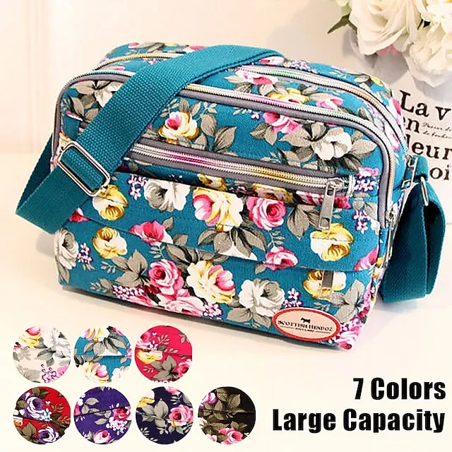 Women's Crossbody Bag Shoulder Bag Hobo Bag Canvas Shopping Daily Zipper Flower Large Capacity Foldable Lightweight Flower Black Red Blue