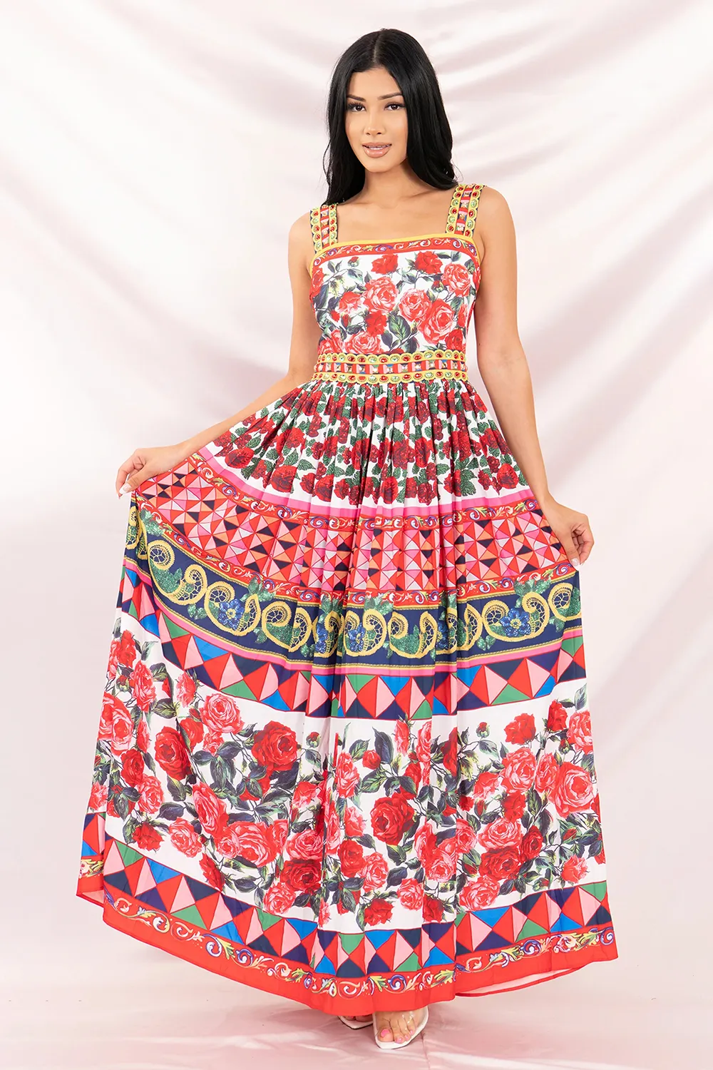 Fragmented Sleeveless Square Neck Printed Beaded Special Pleated Casual Dress