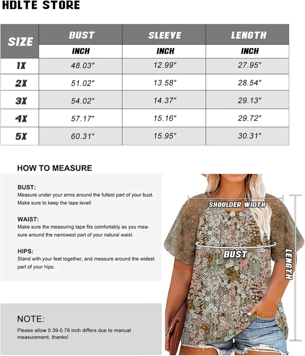 HDLTE Womens Plus Size Tops Floral Bell Sleeves Blouses Summer Crewneck Tunic Loose Casual T Shirts