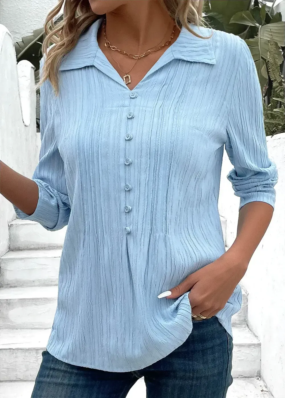 Light Blue Button 3/4 Sleeve Shirt Collar Blouse